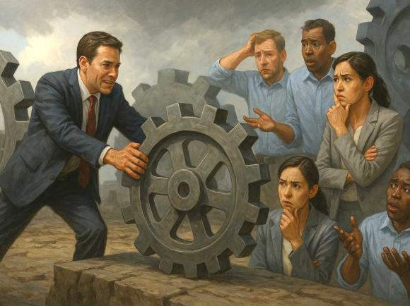 Illustration showing executive in suit rolling gear with effort in front of members of business team who appear confused.