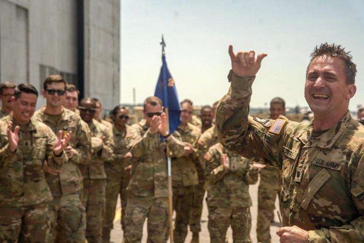 Lukas Berg (right), who flew several variants of the UH-60 Blackhawk over the course of his career, celebrated his final flight before joining the Georgia Tech Manufacturing Institute in August.