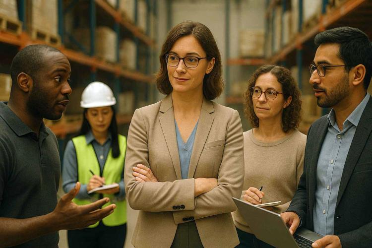 A female supply chain leader attentively listening to a conversation between members of her team on a warehouse floor
