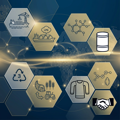 A sophisticated, high-tech horizontal banner design featuring an abstract global supply chain network. The composition uses a series of interconnected translucent hexagons and mosaic tile patterns showing maritime shipping routes and industrial icons: chemical structures (naphtha), PVC, plastics, food and agriculture, liquefied petroleum gas, fertilizer, apparel.