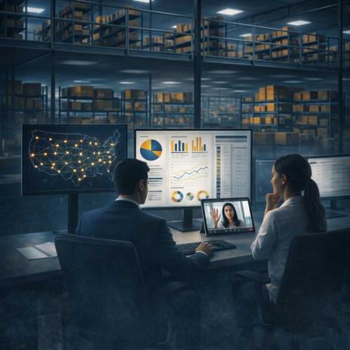 Two data analysts, a man in a suit and a woman, are seated at a desk in a high-tech logistics control center. They monitor various displays, including a comprehensive data dashboard with charts and graphs, a US network map, and a tablet for a video conference. A massive, towering warehouse filled with stacked cardboard boxes is visible in the background.