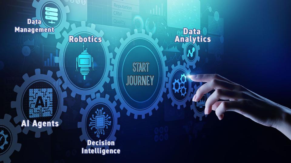 Illustration showing hand about to press &quot;Start Journey&quot; button. Elements of AI agenrs, data mgmt, Robotics, and Data Analytics shown.