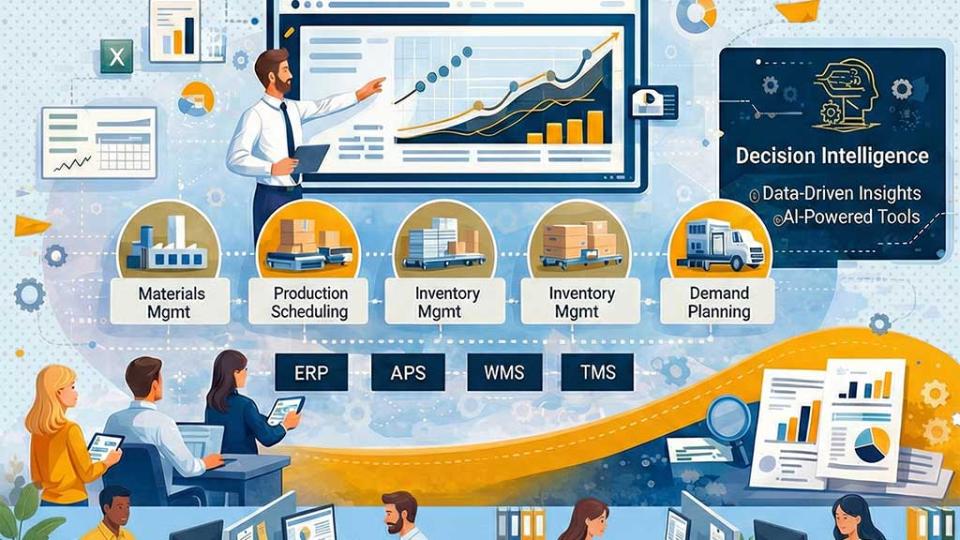 Illustration of supply chain decision intelligence, featuring analytics dashboards and AI‑powered insights supporting materials management, production scheduling, inventory management, transportation, and demand planning.